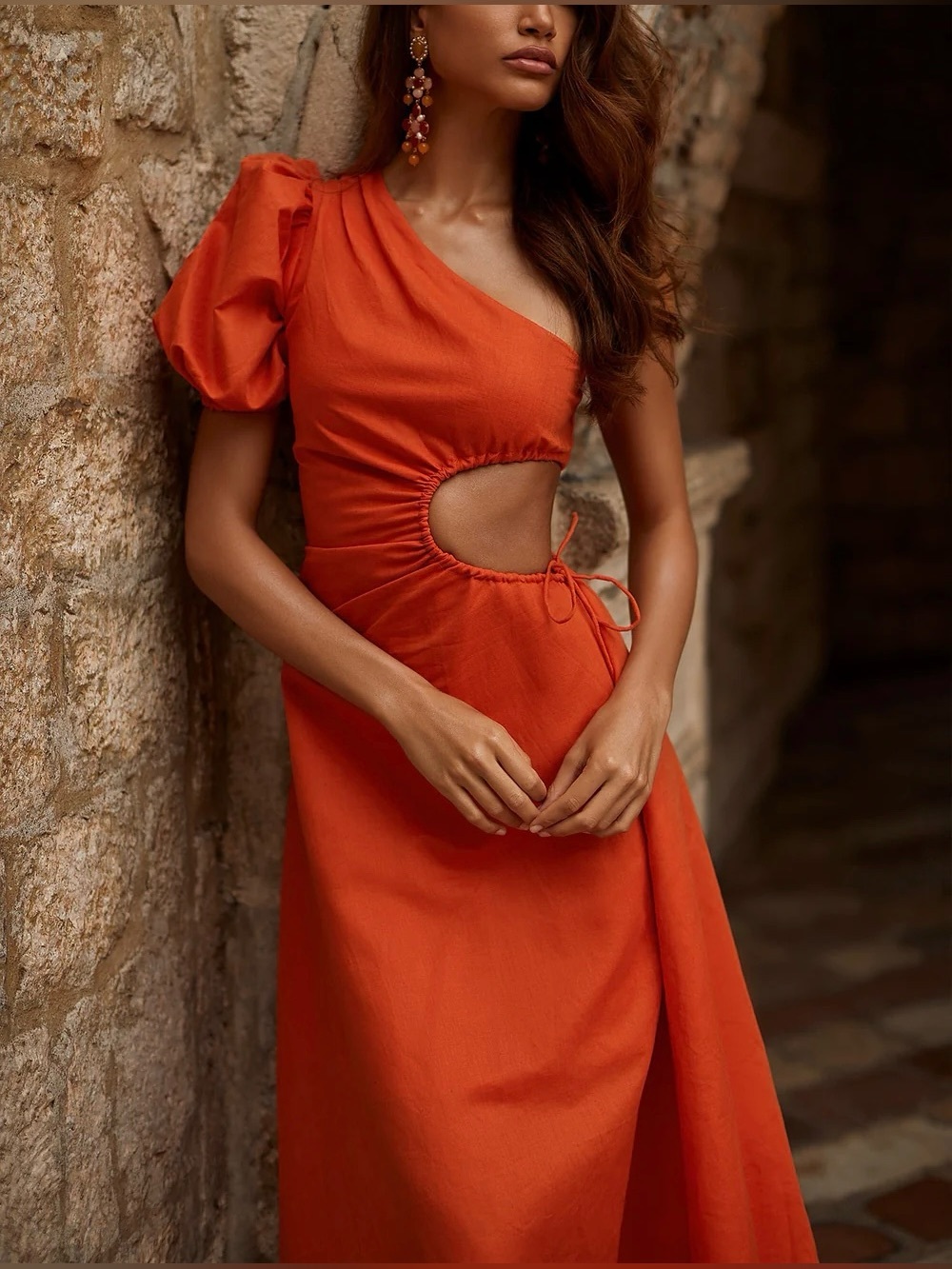 Alamour The Label Morena Dress M Orange One Shoulder Cutout Midi Wedding Guest
